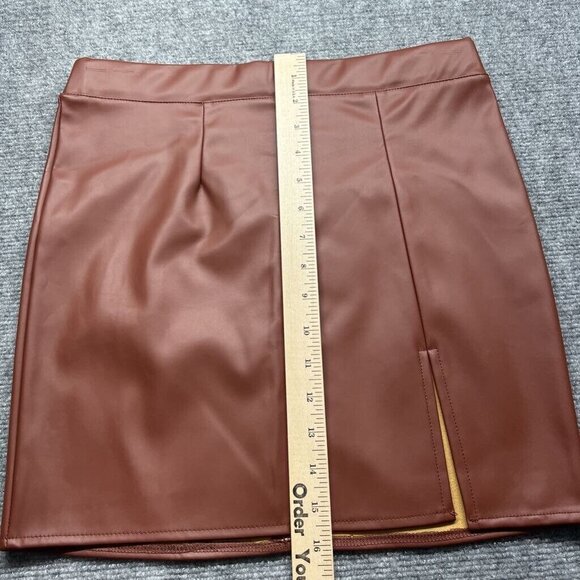 Rue21 Mini Skirt Womens M Brown Faux Leather Slit Stretch Zip Lined New - Picture 8 of 8